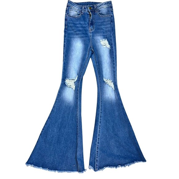 Womens High Rise Distressed Super Flare Leg Jeans Size 25 Medium Wash - Picture 1 of 6